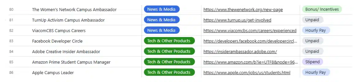Example table of ambassador program listings with category and payment tags