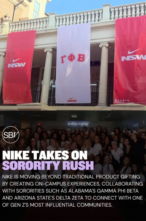 Instagram post captioned Nike Takes On Sorority Rush, showing Nike-branded banners at a campus sorority rush event